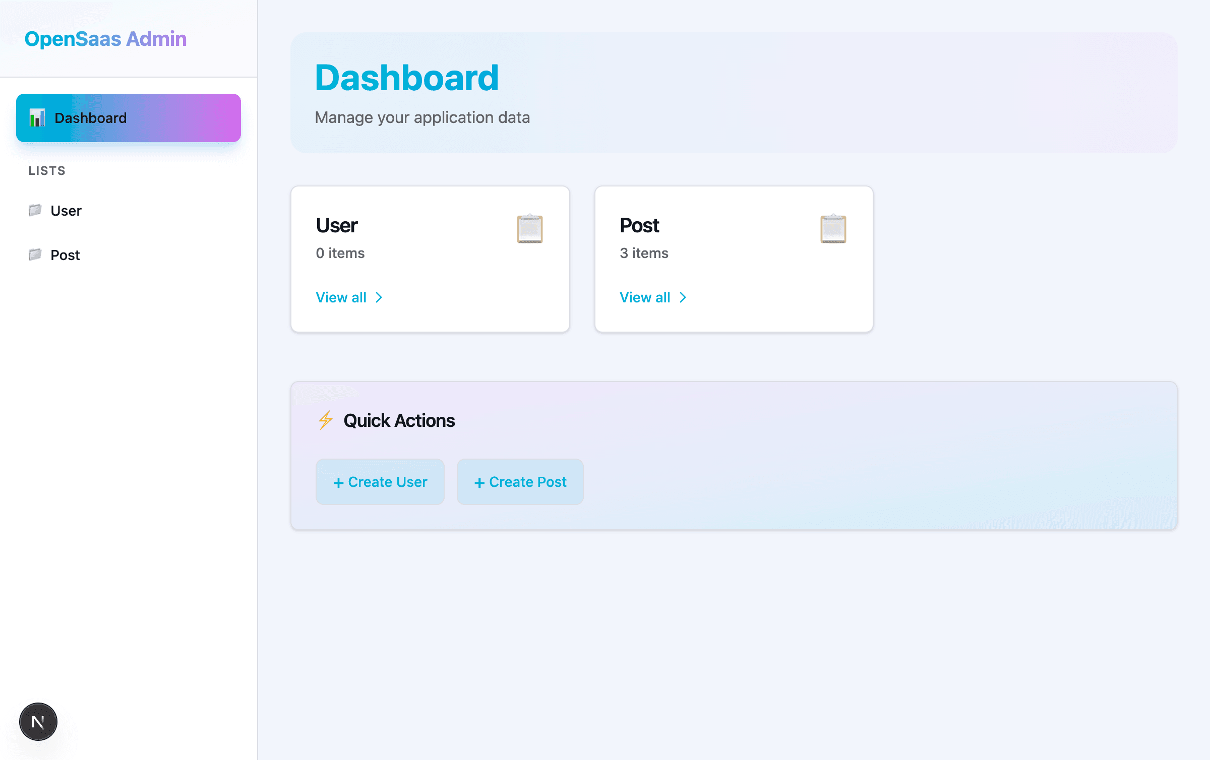 Generated admin UI dashboard