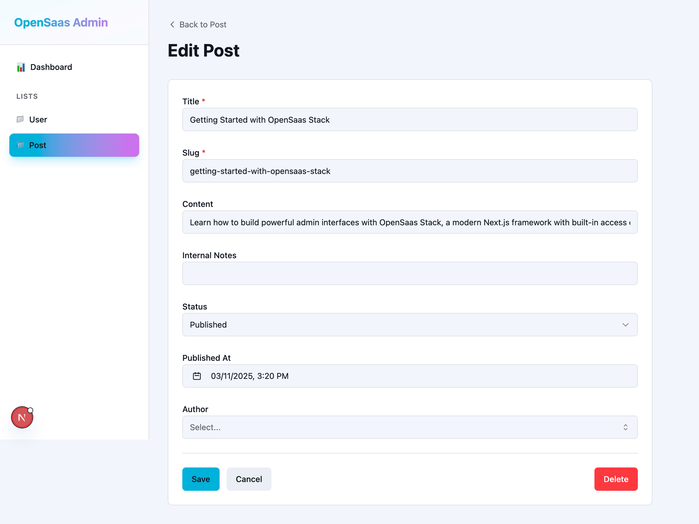 Generated admin UI edit form