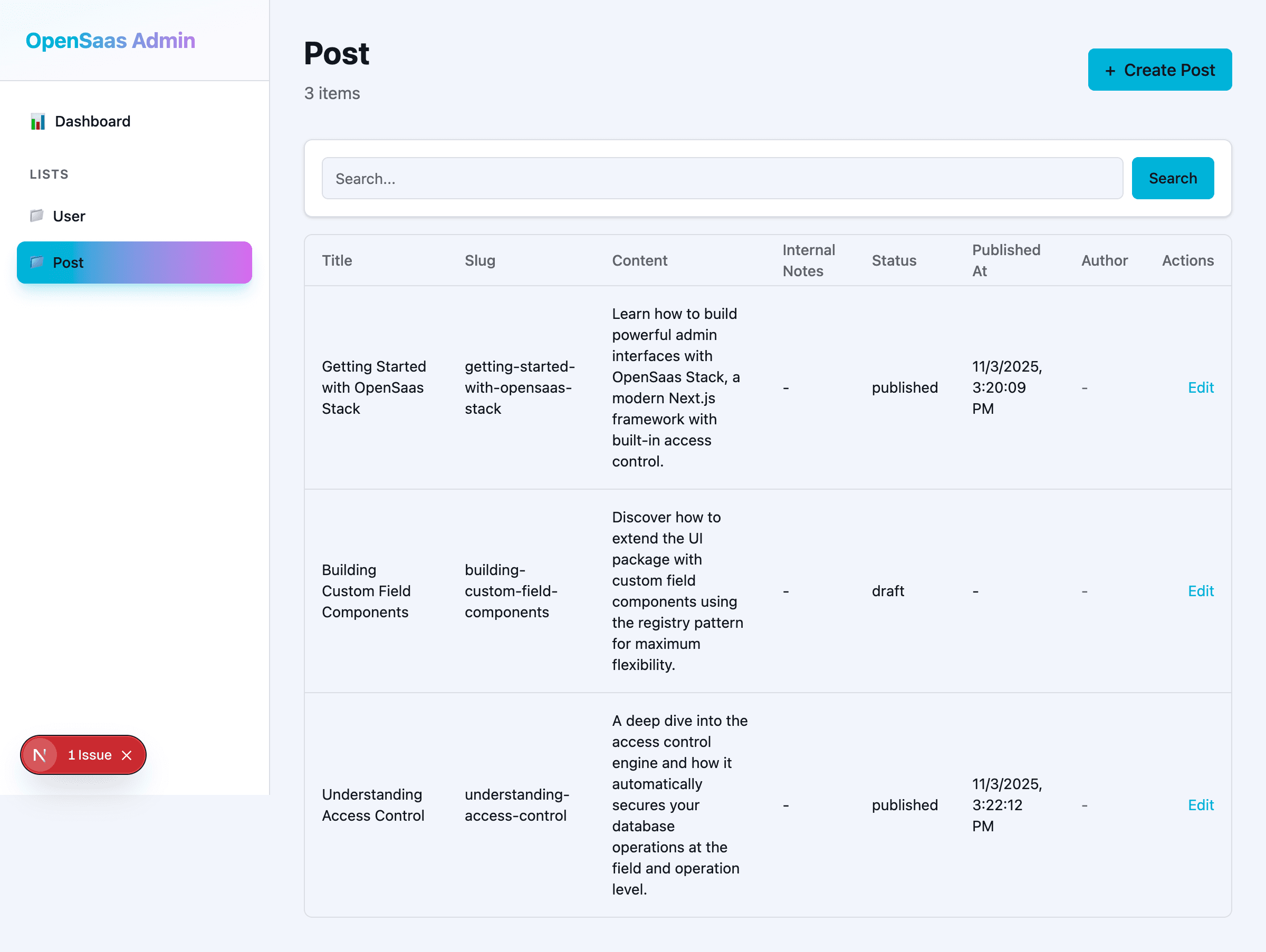 Generated admin UI list view with filtering